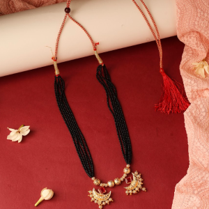 Traditional Maharashtrian Gold-Plated Mangalsutra Featuring Black Beads And Crescent Moon  Pendant With Pink Stones