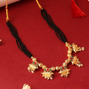 Gold-Plated Traditional Indian Mangalsutra Necklace Featuring Black Beads And  Adjustable Closure