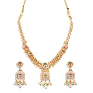Gold-Plated Choker Necklace Set With White, Green, And Red Artificial Stone-Studded And Beaded Details
