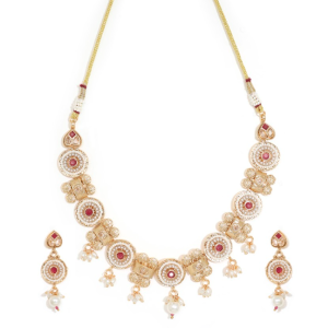 Rajwadi Polki Mina necklace Set With Ruby Stones And Gold Finish