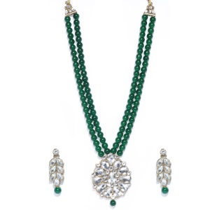 Gold-Plated Green Beaded Kundan Necklace And Matching Earrings Set