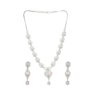 Sparkling Silver-Tone Necklace & Earrings Set with Baby Pink Crystal Teardrop Stones (Rhodium Finish)