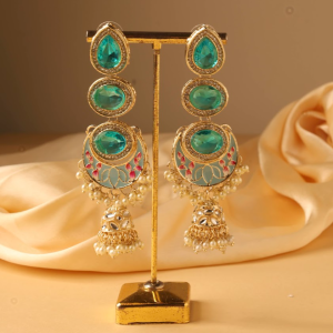 Gold‑Plated Emerald‑Toned Kundan & Pearl Handcrafted Chandbali Jhumka Earrings