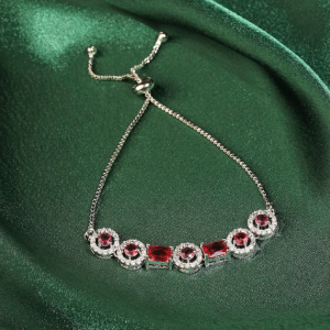Adjustable Silver-Tone Bracelet with Red and White Stones – Elegant Handcrafted Jewellery