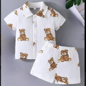 Boys Casual Teddy Bear Print Shirt & Shorts Combo