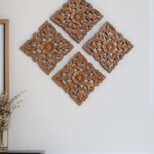 Wall Hanging Wooden Panel Set Of 4 Piece, Wall Decoration Item, Hand Carved Floral Design Panel, 8x8 Inch Panel