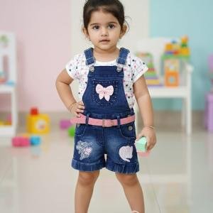 Blue & Pink Kids Denim Dungaree With White Heart Printed Top