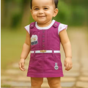 Bublee Dublee Frock Style Denim Dungaree with Hosiery Printed Top And Panty