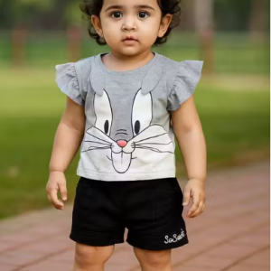 Bublee Dublee Girl's Stylish Kitten Printed Top & Black Denim Pant Set