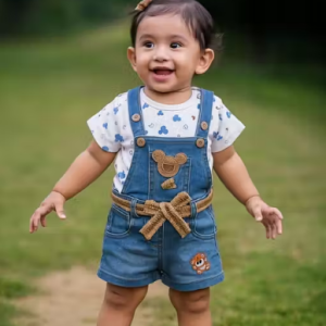 Bublee Dublee Kids Blue Denim Dungaree with Hosiery Printed Top