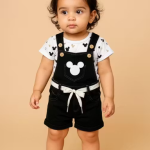 Bublee Dublee Adorable Baby Girls Black Denim Dungaree Set with Mickey Print Cotton T-Shirt