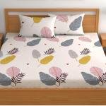 Cotton Double Bed Bedsheet Set | Cream Leaf Print with 2 Pillow Covers