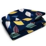 Cotton Fitted Double Bedsheet Set, Navy Blue Leaf Print, 2 Pillow Covers