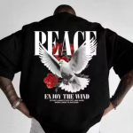 CHUGHZ Men’s Black Cotton Peace Dove Printed T-Shirt | Front & Back Kabutar Graphic Print | Half Sleeve Round Neck Regular Fit Casual Tee | Cotton Gym Wear T-Shirt for Men