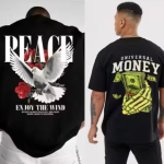 CHUGHZ Men’s Black Cotton Peace Dove Printed T-Shirt | Front & Back Kabutar Graphic Print | Half Sleeve Round Neck Regular Fit Casual Tee | Cotton Gym Wear T-Shirt for Men