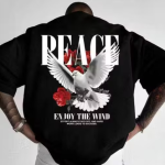 CHUGHZ Men’s Black Cotton Peace Dove Printed T-Shirt | Front & Back Kabutar Graphic Print | Half Sleeve Round Neck Regular Fit Casual Tee | Cotton Gym Wear T-Shirt for Men