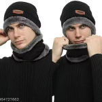 CHUGHZ Knitted Winter Cap & Neck Scarf with Fleece,Unisex Beanie Cap with Neck Warmer for Men & Women,Thermal Cap,Thick Fluffy Woollen Cap 2 Piece Combo
