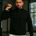 Navy Blue Lycra Blend Polyester Fleece Zipper Solid Full Sleeve Quilted Jacket For Men