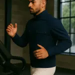 Navy Blue Lycra Blend Polyester Fleece Zipper Solid Full Sleeve Quilted Jacket For Men