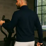 Navy Blue Lycra Blend Polyester Fleece Zipper Solid Full Sleeve Quilted Jacket For Men