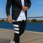 Black Polyester Lycra Blend Zip Solid Track Suit for Men