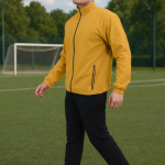 Yellow Polyester Lycra Blend Fleece Zip Solid Tracksuit for Men