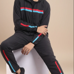 Black Polyester Lycra Blend Zip Solid Tracksuit for Men