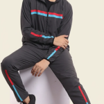 Black Polyester Lycra Blend Zip Solid Tracksuit for Men
