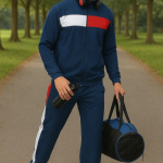 Blue Polyester Lycra Blend Zip Solid Track Suit For Men