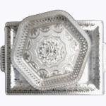 German Silver Coated Decorative Serving Tray, Silver, Traditional Floral and Geometric Pattern, Oval Shape, Pack of 2