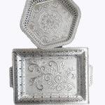 German Silver Coated Decorative Serving Tray, Silver, Traditional Floral and Geometric Pattern, Oval Shape, Pack of 2