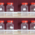 Clear PET Square Storage Jar with Red Lid, 250ml, for Kitchen and Lab Use, Transparent, Pack of 8