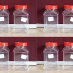 Clear PET Square Storage Jar with Red Lid, 250ml, for Kitchen and Lab Use, Transparent, Pack of 8
