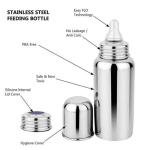 Stainless Steel Baby Feeding Bottle Set with Soft Silicone Nipple with 2 Nipples and Silicone Cleaning BrushBPA Free, Leak Proof Bottle for Newborns & Infants