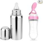 The Moms Care Premium Steel Bottle for Milk Feeding & Pink Spoon Bottle for Food Feeder BPA Free