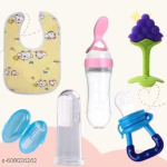 Baby Feeding & Teething Combo – tree teether , spoon feeder bottle ,fruit feeder, finger brush, button bib