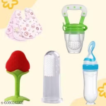 Baby Feeding & Teething Combo – tree teether , spoon feeder bottle ,fruit feeder, finger brush, button bib