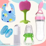 Baby Feeding & Teething Combo – tree teether , spoon feeder bottle ,fruit feeder, finger brush, button bib
