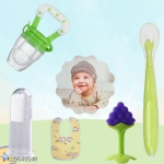 Baby Feeding & Care Combo | Bib, Finger Brush, Fruit Feeder, Teether & Spoon