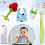 Baby Feeding & Care Combo | Bib, Finger Brush, Fruit Feeder, Teether & Spoon