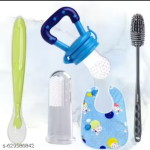 Baby Fruit Feeder, Finger Brush, Bib, Silicone Spoon & Bottle Cleaning Brush Combo Set