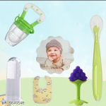 Baby Feeding & Care Combo | Bib, Finger Brush, Fruit Feeder, Teether & Spoon