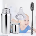 Baby Stainless Steel Bottle Set with Bottle Brush and Soft Nipple – Feeding Accessory Kit