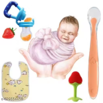Baby Feeding & Teething Essentials | Feeder + Teether + Spoon + Bib