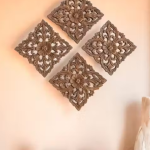 Wall Hanging Wooden Panel Set Of 4 Piece, Wall Decoration Item, Hand Carved Floral Design Panel, 8x8 Inch Panel