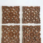 Wall Hanging Wooden Panel Set Of 4 Piece, Wall Decoration Item, Hand Carved Floral Design Panel, 8x8 Inch Panel