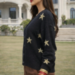 Black Cardigan With A Gold Star Pattern