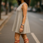 Women's Casual A-Line Mini Dress, Grey Sleeveless Summer Style, Flared Skater Design with Round Neck