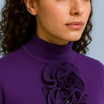 Women’s Turtleneck Sweater – Purple Long Sleeve Knit Top with Ruffle Detail