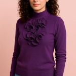 Women’s Turtleneck Sweater – Purple Long Sleeve Knit Top with Ruffle Detail
